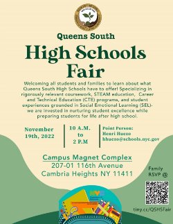 Queens South High School Fair flyer with information
